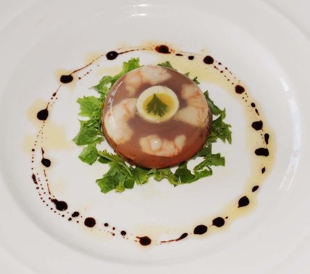 QUAIL'S EGG AND PRAWNS IN ASPIC